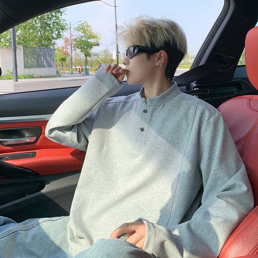 Goudreau American Henry Collar Sweatshirt Men's Autumn New Youth Stand Collar Right Shoulder Bottoming Shirt Business Casual Long Sleeve Top White Gray M