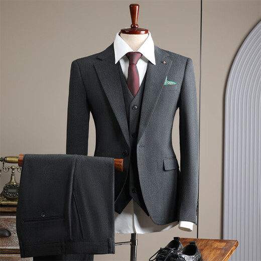 Vbanlya Italian brand fashion British style handsome groom wedding suit quality suit men's suit slim work 9991 black (suit + vest + trousers) 4XL 58_(158-175Jin Jin equals 0.5 kg)