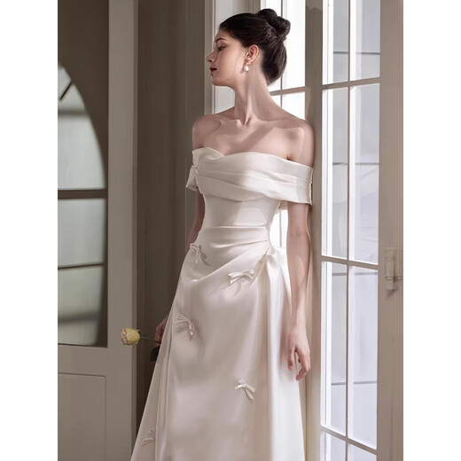 Utopia one-shoulder satin wedding dress, light niche tube top bridal wedding veil, simple French engagement dress, white 1. White M