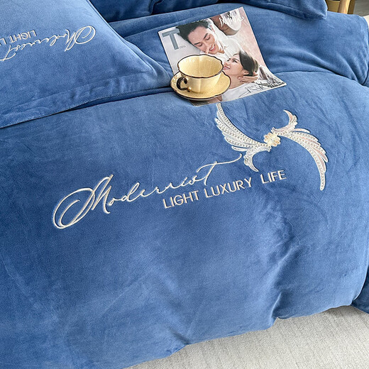 Winter thickened milk velvet embroidered four-piece set baby velvet crystal velvet quilt cover flannel double-sided bed sheet set wide mirror-Bentley blue 1.8m bed four-piece set bed sheet style (quilt cover 200*230cm)