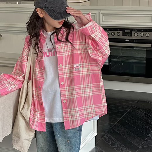 Girls Spring and Autumn Plaid Shirt 2025 New Autumn Korean Children's Shirt Jacket Girls Older Long Sleeve Top Trendy Pink 150