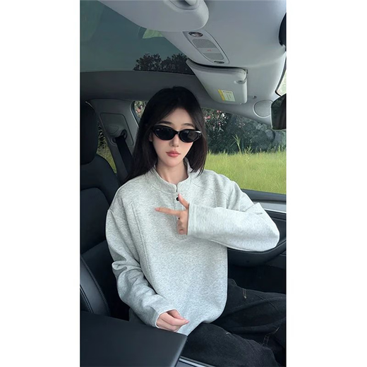 Jufeng American long-sleeved Henry collar T-shirt for men in autumn deconstructed right shoulder polo shirt sweatshirt heavy boxy inner layering shirt white gray upgraded model M 100-115Jin Jin is equal to 0.5 kg