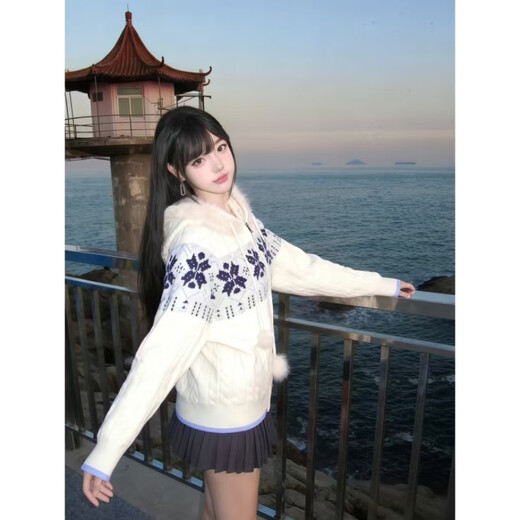 Clothing Yuan Fair Isle Sweater White Zipper Jacket Women's 2025 Autumn and Winter Popular Lazy Style Twist Hooded Knitted Cardigan White One Size (85-125Jin Jin is equal to 0.5 kg)