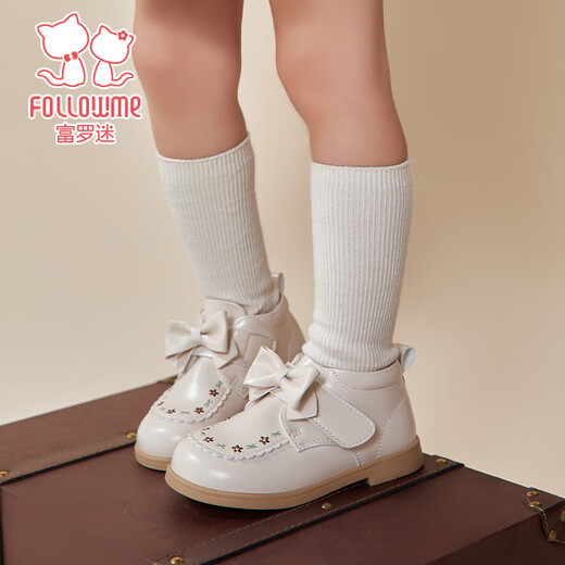 Fuluomi girls toddler shoes winter non-slip plus velvet princess boots infants and toddlers national style embroidered baby cotton shoes off-white 24