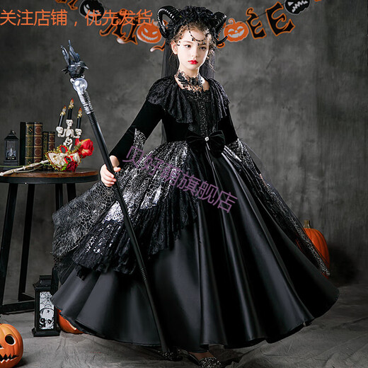 Bei Haomeng MERRIER SWEETIE Halloween girls dress character witch vampire costume dark queen dress up little devil masquerade night witch + horn + staff necklace + Halloween stickers one size 150cm