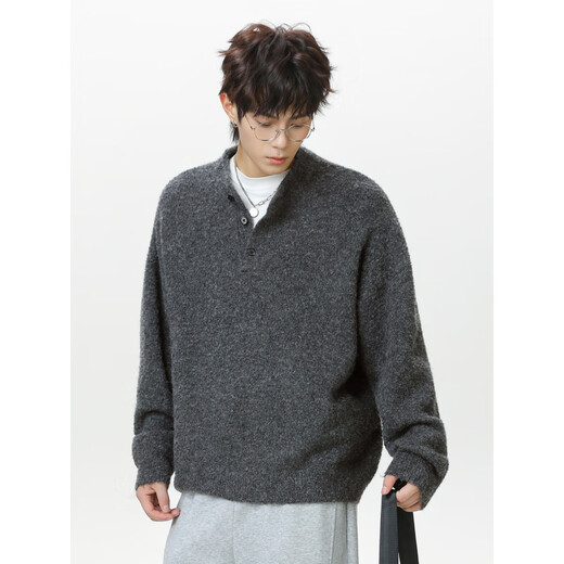 Tulan Hangzhou Sijiqing Clothing Wholesale Market Men's Sweater Light Luxury Old Money Henry Collar Polo Sweater Men's Autumn and Winter Carbon Gray M