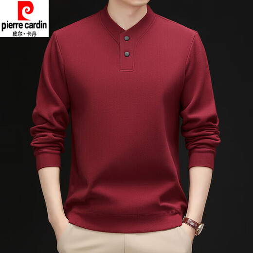 Pierre Cardin high-end winter middle-aged men's casual stand-up collar sweatshirt solid color German velvet thickened top two-button T-shirt base layer coffee color XL 130-150Jin Jin equals 0.5 kg