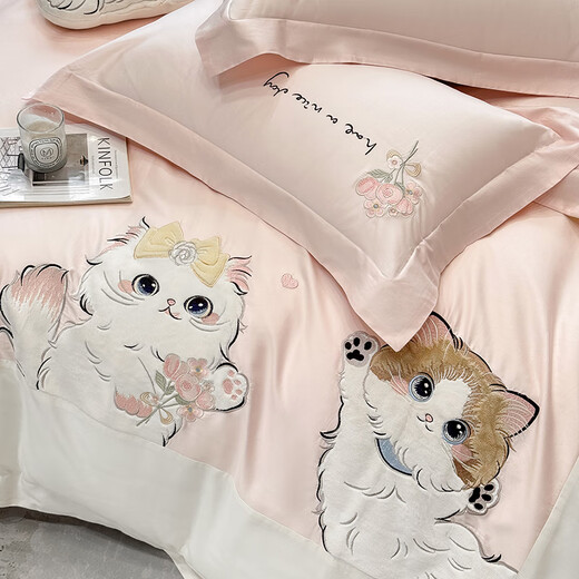 Mercury Series Class A Long Staple Cotton Four-piece Set 2025 New Cotton Cartoon Cat Embroidered Quilt Cover Pure Cotton Sheet Cute Bedding 4 Hot-Selling Type A Maternal and Infant Grade Long Staple Cotton Sweet Diary-Iceberry Pink 1.8m Sheet Style Four-piece Set Quilt Cover 200*230
