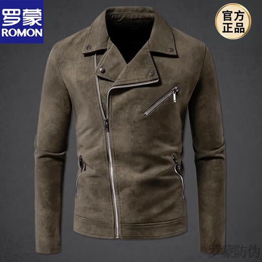 ROMON diagonal zipper jacket men's leather jacket American retro lapel soft leather jacket handsome style Harley motorcycle motorcycle clothing new product green Paul offline same style XL suitable for 125-140Jin Jin equals 0.5 kg