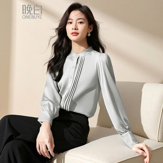 Late White New Product French Satin Versatile Shirt Women's 2025 Temperament Shirt Versatile Top Silver Gray XL