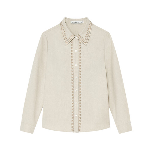 Xiran 2025 winter new style commuting simple and versatile temperament casual loose slimming embroidered long-sleeved shirt for women light khaki XL
