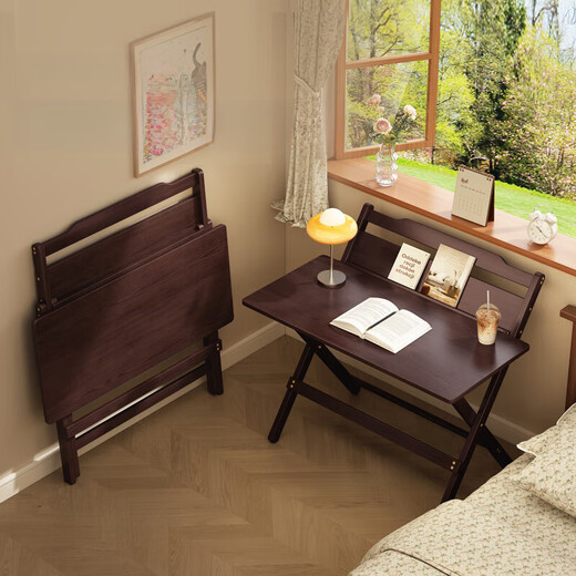 Tiger carved bamboo foldable desk writing table Chinese style small apartment rental special children's study desk bedside table black walnut color 80cm foldable style