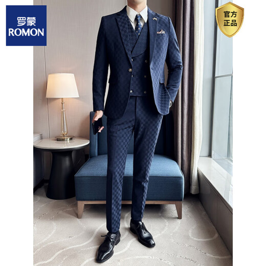 ROMON suit suit men's three-piece slim coat plaid small suit professional formal groom handsome wedding dress trendy dark gray suit + vest + trousers + white shirt + black tie M