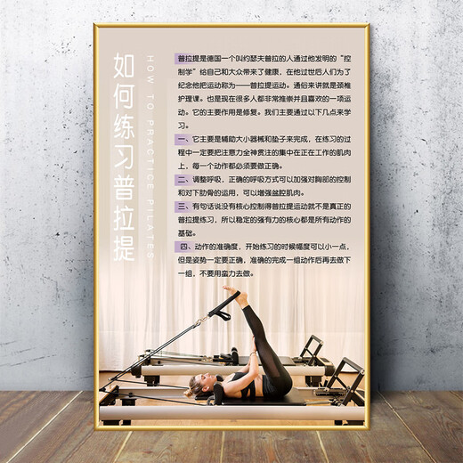 He Jiagong Pilates decorative painting Gym wall decoration hanging painting Bodybuilding studio body shaping Pilates promotion 15-How to practice Pilates 40 width x 60 height cm KT board + gold PVC edge same size
