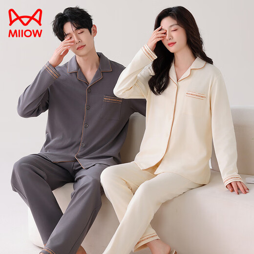 MiiOW large size couples pajamas spring and autumn 2025 new pure cotton long-sleeved men's and women's loose cardigans can be worn outside home clothes set male 29001 female 28001 M female + male 2XL (two sets of prices)