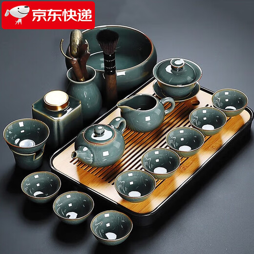 Xiangye Ge Kiln Tea Set Ice-Cracked Household Complete Set Japanese-style Kung Fu Tea Set Teapot Cover Bowl Tea Washer Tea Can Ge Kiln Teapot 15-piece Set + Buddha Hand Accessories + Tea Tray