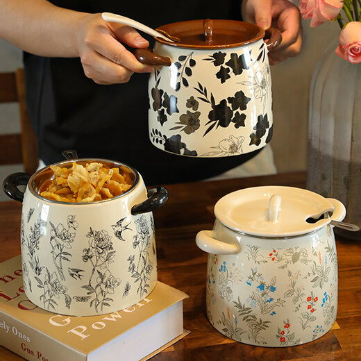 Guiqi 1.2L ceramic lard jar seasoning box bottle salt kitchen spice storage sealed storage chili stainless steel jar ceramic jar 1.2L + lid + spoon + 304 stainless steel filter