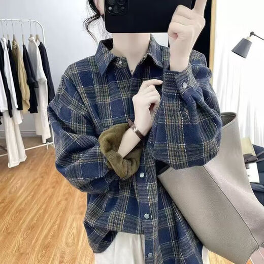 Gobanya lazy style velvet thickened plaid shirt for women retro simple casual loose lapel winter warm shirt jacket blue plus velvet L 90-110Jin Jin equals 0.5 kg