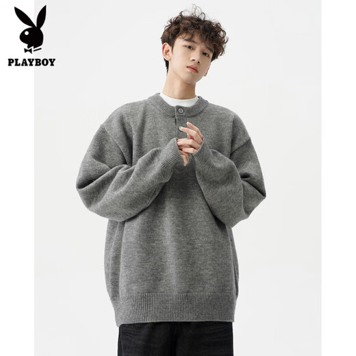 Playboy (PLAYBOY) American solid color Henry collar sweater men's autumn and winter new trendy brand-style sweater casual warm couple jacket light gray XL