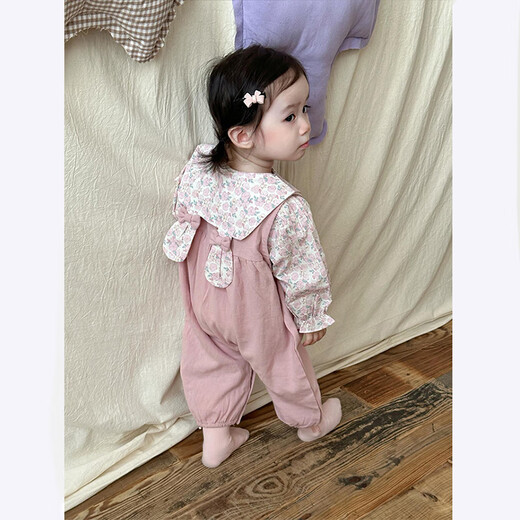 Xinnan Baby Autumn Clothes Winter One-Year-Old Girl Toddler Clothing Doll Collar Shirt Overalls Two-piece Baby Clothes Pink Floral Bunny Suspender Set 90 Codes