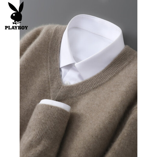 Playboy brand autumn and winter woolen sweater for men, V-neck long-sleeved business casual sweater with loose knitted bottoming cashmere sweater, raw cashmere rice S 100-120Jin Jin is equal to 0.5 kg
