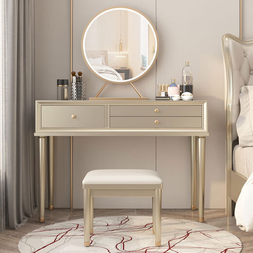 Fantasy American light luxury bedroom dressing table modern simple small apartment desk dressing table integrated champagne color dressing table + stool 90*45*80