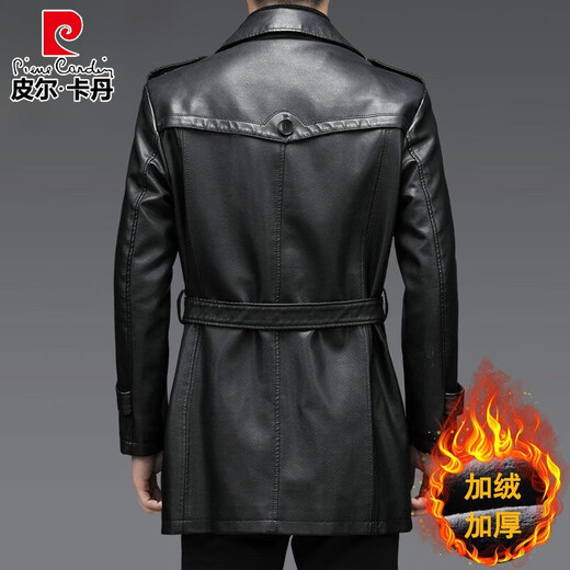 Pierre Cardin Light Luxury Winter Leather Coat Men's Mid-Length Velvet Thickened Leather Coat Middle-aged Dad's Leather Windbreaker Men's Outerwear Black L 175