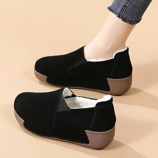 100% Gravity Old Beijing Cloth Shoes Women's Winter Plus Velvet Slip-On Cotton Shoes Winter Wedge Heel Increased Women's Soft Sole Casual Mom Shoes Black 5.0cm Upgraded Model 38_Enjoy Priority Shipping with Additional Purchases