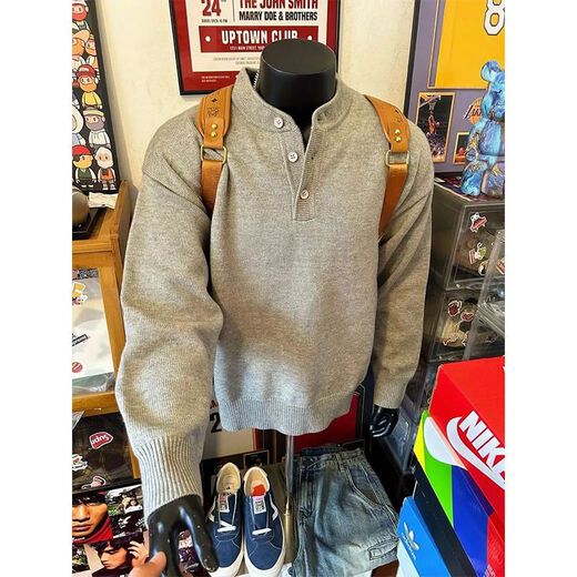 American retro gray Henry collar sweater for men in autumn and winter, lazy style cleanf bottoming sweater, light gray upgraded version 90 options M