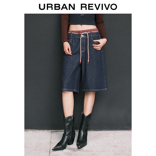 UR2025 autumn new women's denim fashion trendy contrasting color spliced ​​drawstring denim shorts UYL850151 blue 26