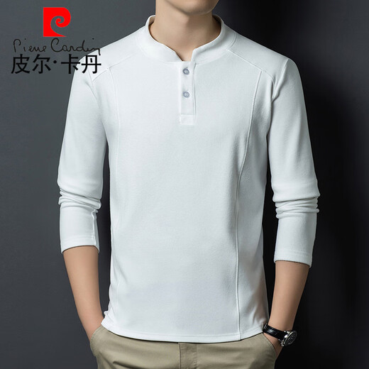 Pierre Cardin 2025 Autumn and Winter Double-sided German Velvet Bottoming Shirt Men's Henley Collar Trendy Versatile Long Sleeve T-Shirt Stand Collar Sweatshirt Men White D509 2XL