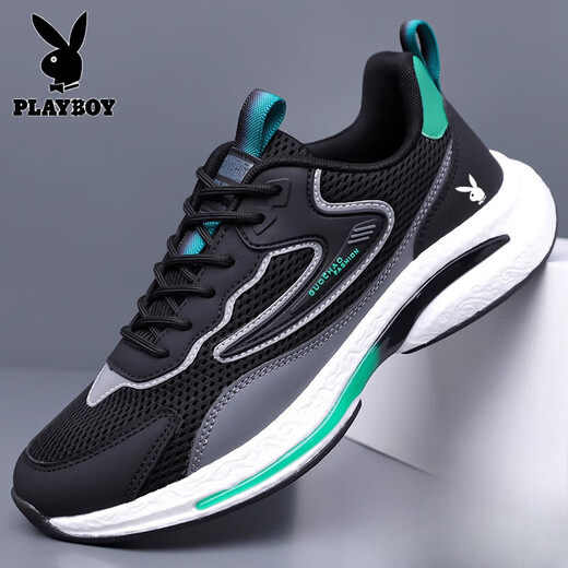 Playboy (Playboy) Herrenschuhe 2025 Neue lässige Sneaker Mesh atmungsaktives leichtes, weiches Sohle Anti-Rutsch-Schock-absorbierender Laufschuhe Schwarz H9908 [Lederoberfläche] [Four Seasons] 42 [Standard-Sneaker-Größe]