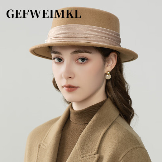 GEFWEIMKL Merino Wool Hat Women's Autumn and Winter New French Retro Elegant Flat Top Wool Hat Satin Pearl Women Enamel Burgundy Adjustable (56-58cm)