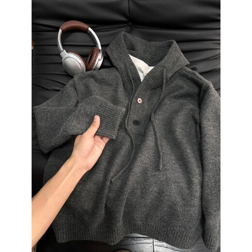 Si Yan Internet celebrity Douyin dark gray Henry collar hooded sweater for men autumn and winter American lazy style sweater half cardigan coat dark gray upgraded version L 120-140Jin Jin equals 0.5 kg