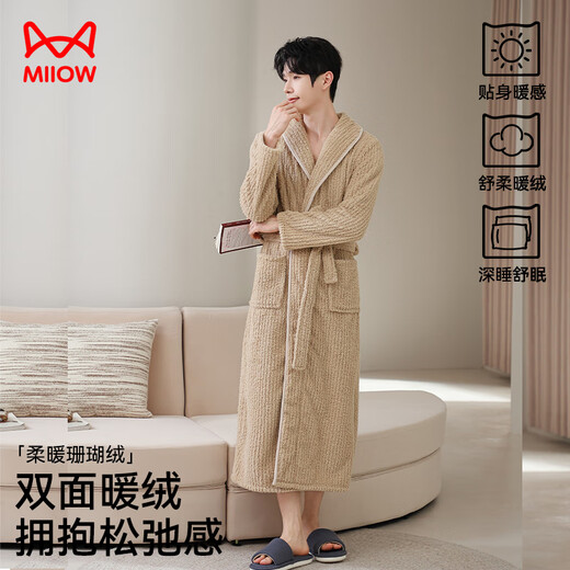 Catman Warm Sherry Velvet Pajamas Couples Pajamas Men's Winter Striped Extra Long Warm Simple Bathrobe Beige 2XL