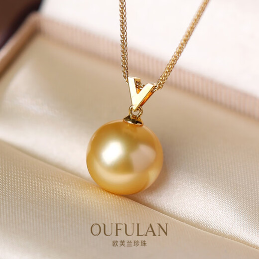 Overland South Sea Saltwater Gold Pearl Pendant 18K gold material V-shaped design is a holiday gift for your girlfriend and wife, gold 13~14mm