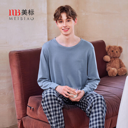 American Standard New Long Sleeve Couples Pure Cotton Pajamas for Women Spring and Autumn Simple Casual Plaid Cotton Wearable Outerwear Home Clothing Suit for Men Edelweiss Blue 3XL