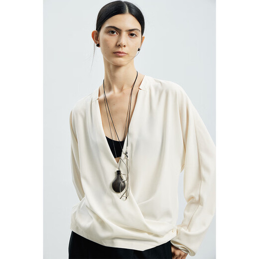 THORNSAURA niche minimalist style drapey stand-up collar acetate two-wear shirt top for women Diamond White S