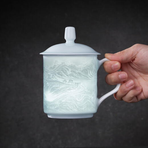 Jingdezhen (jdz) ceramic household Chinese-style handmade Great Wall tea cup tea set with lid office tea cup tea cup gift for elders shadow green relief Great Wall tea cup
