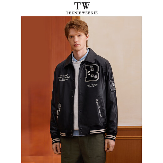 Teenie Weenie2025 Весенняя кожаная куртка с лацканами в стиле ретро контрастного цвета TNJL251202A Черный 170