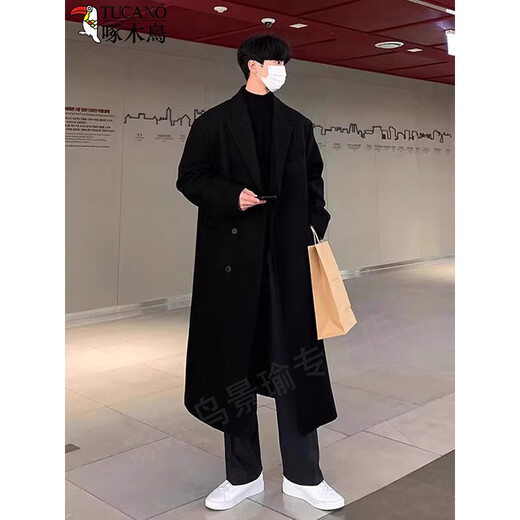 Woodpecker Windbreaker Jacket Men's Autumn and Winter 2025 New Korean Style Versatile Loose Off-Shoulder Mid-Length Over-the-Knee Thickened Woolen Coat Black Regular Style L Recommended 125-140 Jin Jin equals 0.5 kg