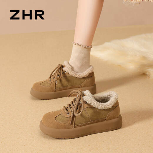 ZHR Birkenstock shoes for women winter short plush casual women's suede cowhide versatile cotton shoes for women EH278B camel 38