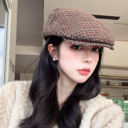 New retro plaid forward hat Japanese style spring and autumn all-match fashion big head painter British duck beret brown woolen plaid forward hat