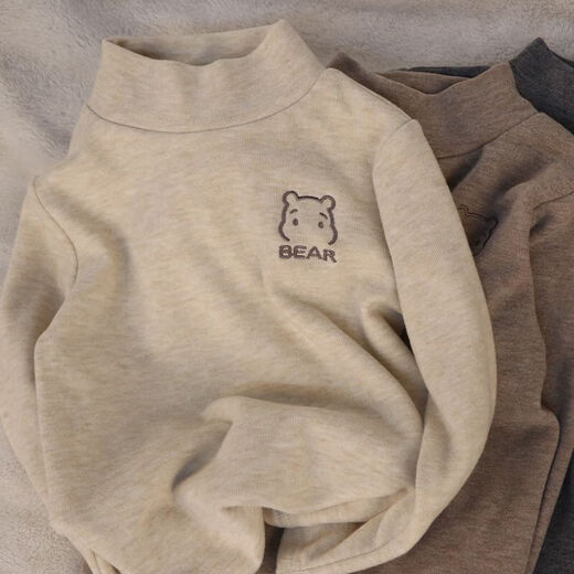 Children's long-sleeved T-shirt for boys and girls in autumn and winter embroidered bear half turtleneck top baby warm inner layering shirt khaki + beige color two-piece set 100