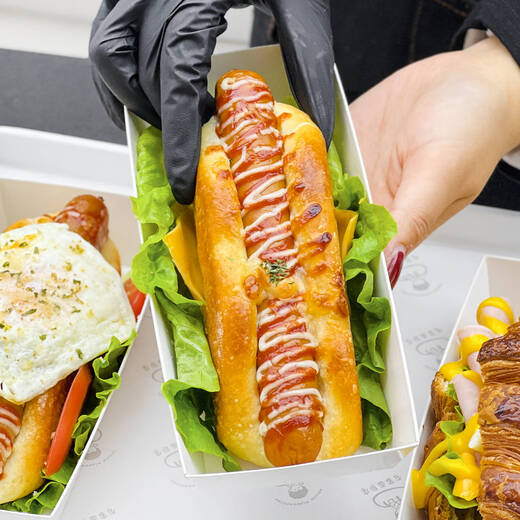 Chimi American hot dog packaging box rectangular bread croissant sandwich disposable baking packaging pancake box commercial rectangular box + transparent lid - 1000 sets