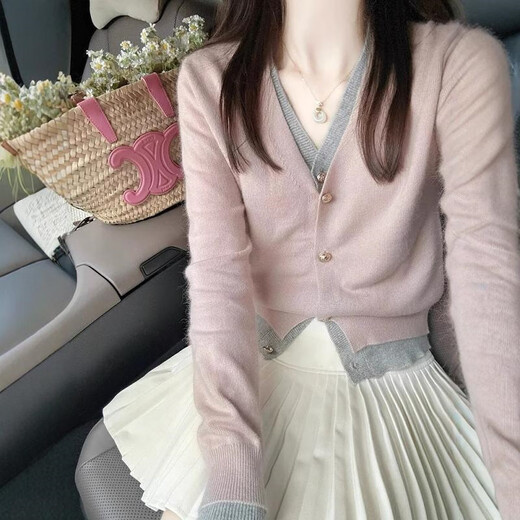 Su Yuwei koreanischer Stil Xiaoxiangfeng gefälschter zweiteiler rosa V-Neck-Strickjagd für Frauen Spring- und Herbst-Design Kurzpullover Jacke Top Grey Pink S empfohlen (80-95 Jin [Jin Equals 0,5 kg]) [Folgen Sie dem Laden]