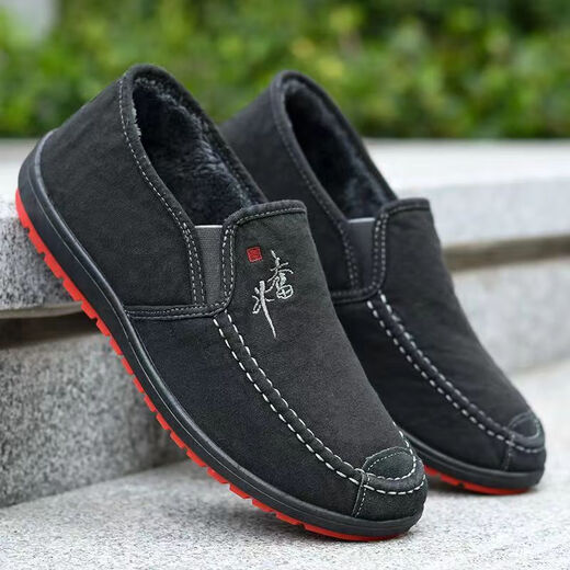 Winter new velvet thickened men's cotton shoes, men's shoes, old Beijing cloth shoes, non-slip shoes, men's slip-on slip-on shoes, M struggle cotton black 40