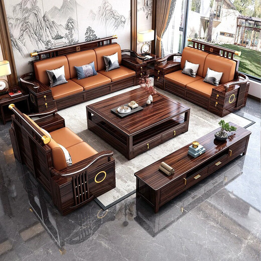 Youfanshi new Chinese style ebony solid wood sofa living room combination high-end cat claw leather winter and summer dual-use large apartment storage furniture 2+2+3+coffee table+square table+TV cabinet