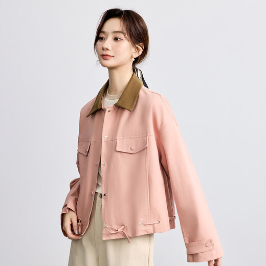 INMAN Pure Cotton Revealable Jacket Women's 2025 Autumn Loose Fashionable Contrast Color Lapel Work Jacket Top Lotus Pink S
