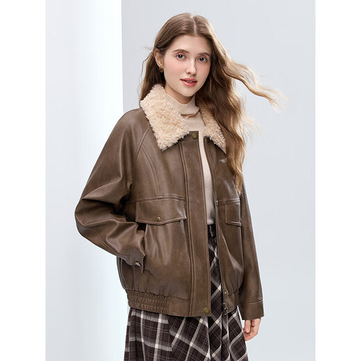 Betu Women's 2025 Winter New Short Jacket Particle Lapel Eco-Friendly PU Leather Trendy Jacket Women 2511T33 Brown L